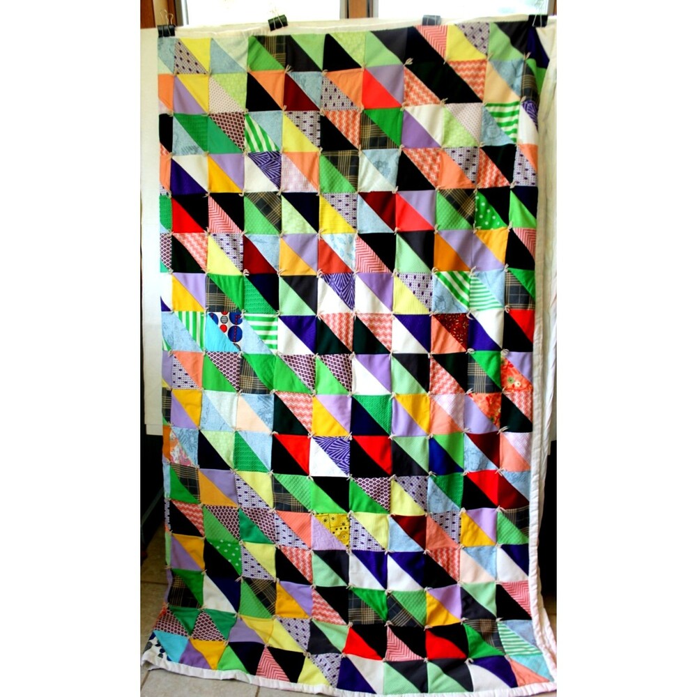 Vintage Handmade Granny Square/Triangle Quilt-Hand Tied, Machine Sewn 97" x 67"